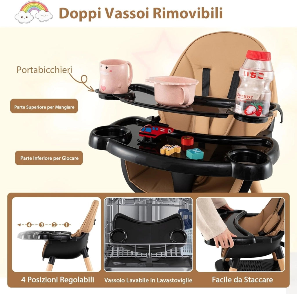 6-in-1 Seggiolone per Neonati, Seggiolone Prima Pappa, Tavolo e Sedia Convertibile per Bambini, Imbracatura di Sicurezza, Vassoio Rimovibile, per Bambini 6-36 Mesi (Caffè+Nero)