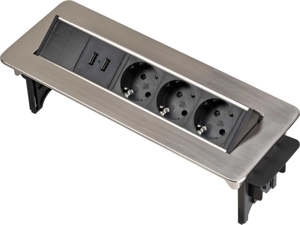 Brennenstuhl 1396200113 Indesk Power Presa Multipla da Tavolo 3 Prese Schuko 2 Porte USB 2,10 A Cavo 2 m colore Argento Nero