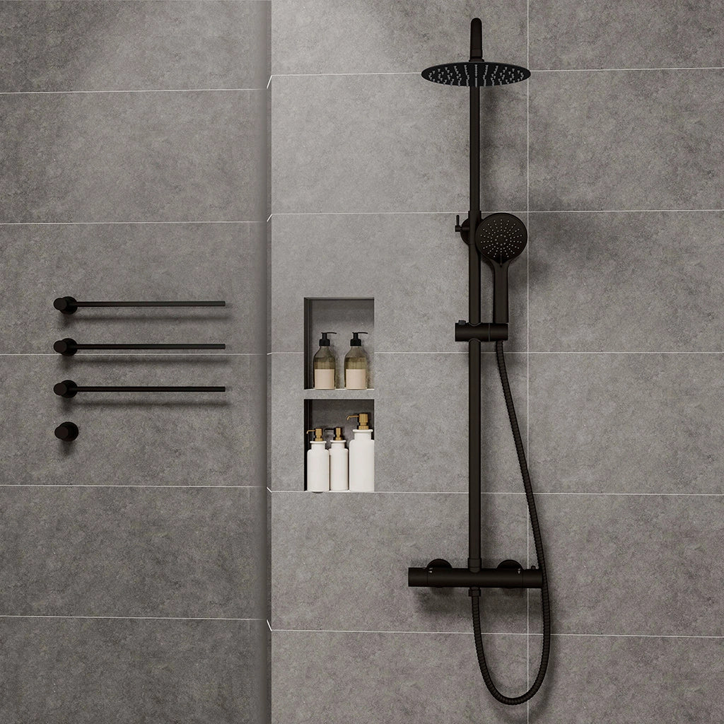 Colonne doccia nero, soffione doccia rotondo da 20cm acciaio inox, miscelatore termostatico doccia tondo antiscottature