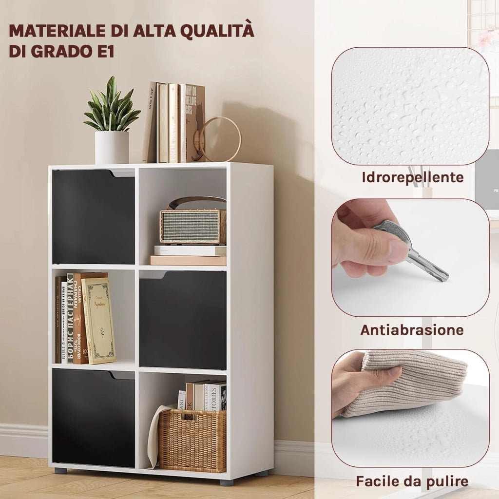 Libreria Armadio a 6 Cubi con Ante Mensola di Legno Portadocumenti Scaffale per Casa e Ufficio Porta Libri CD, Bianco+ Nero, SK001wsz