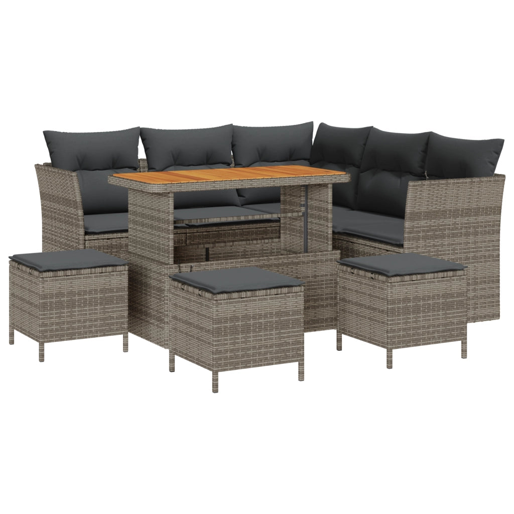 Set Divano da Giardino 9 Pezzi con Cuscini Grigio Polyrattan Acacia