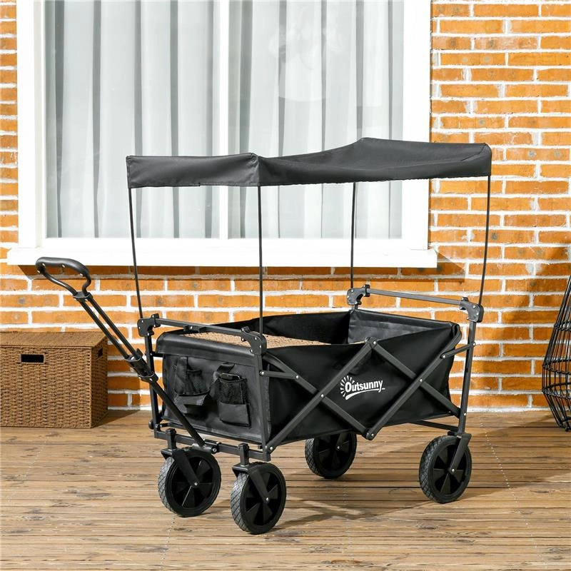 CARRELLO DA GIARDINO 110L CON MANIGLIA TELESCOPICA E TETTUCCIO IN ACCIAIO E TESSUTO OXFORD, NERO
