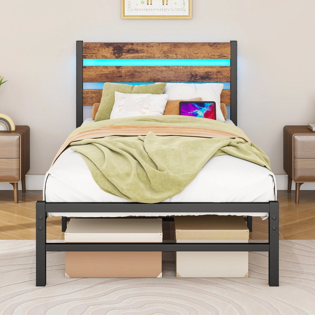 Letto in metallo con USB e LED 90x200 cm MDF marrone e metallo