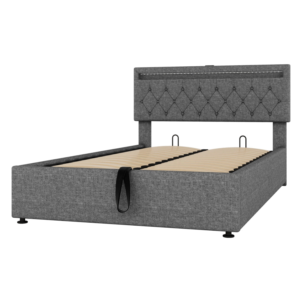 Letto imbottito 140x200 cm in lino con LED RGB; USB e ampio contenitore; grigio