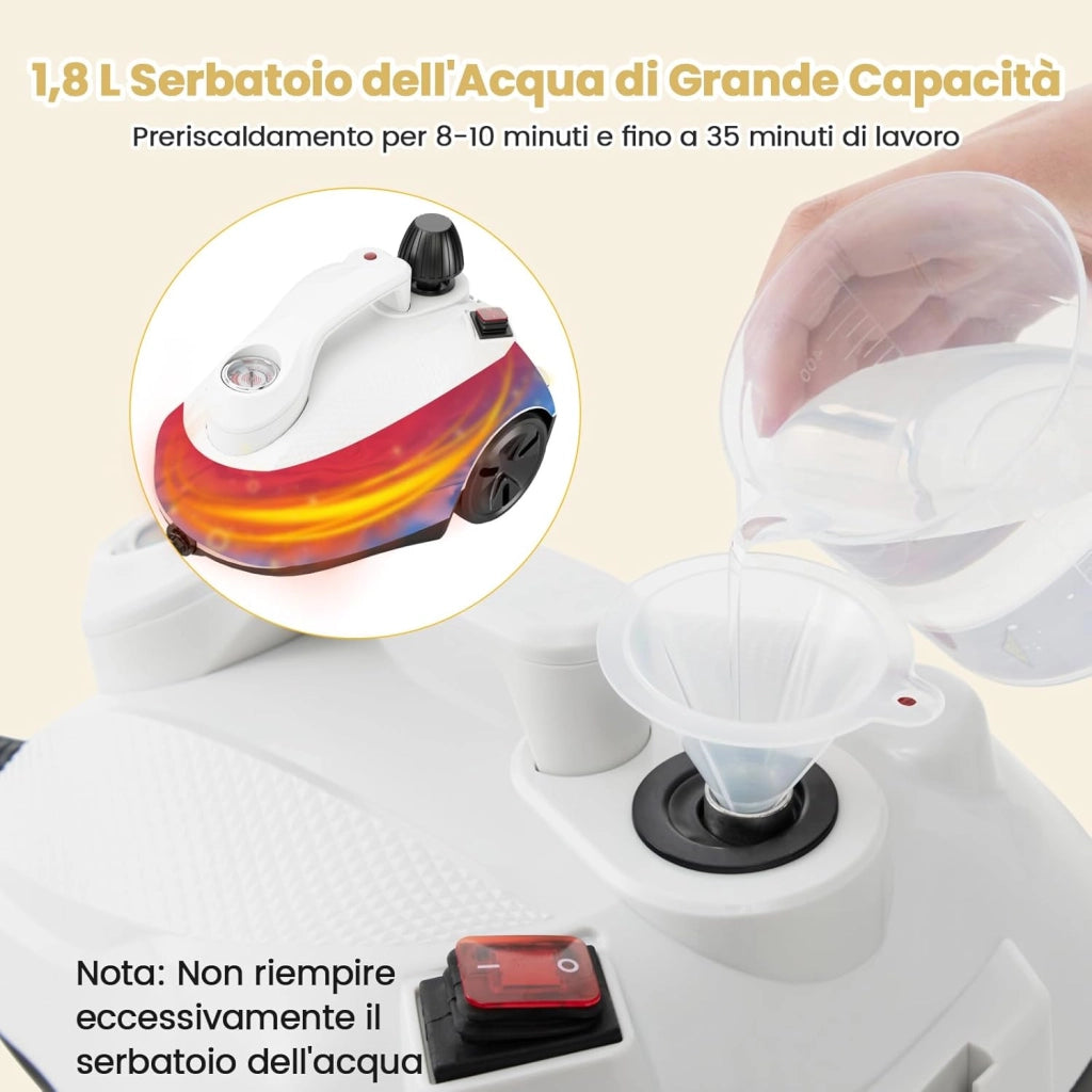 2000W Pulitore a Vapore, Vaporizzatore Portatile con Serbatoio 1,8L, er Uso Domestico con Accessori, Macchina per Pulizia su Pavimenti Finestre Tappeti (Bianco)