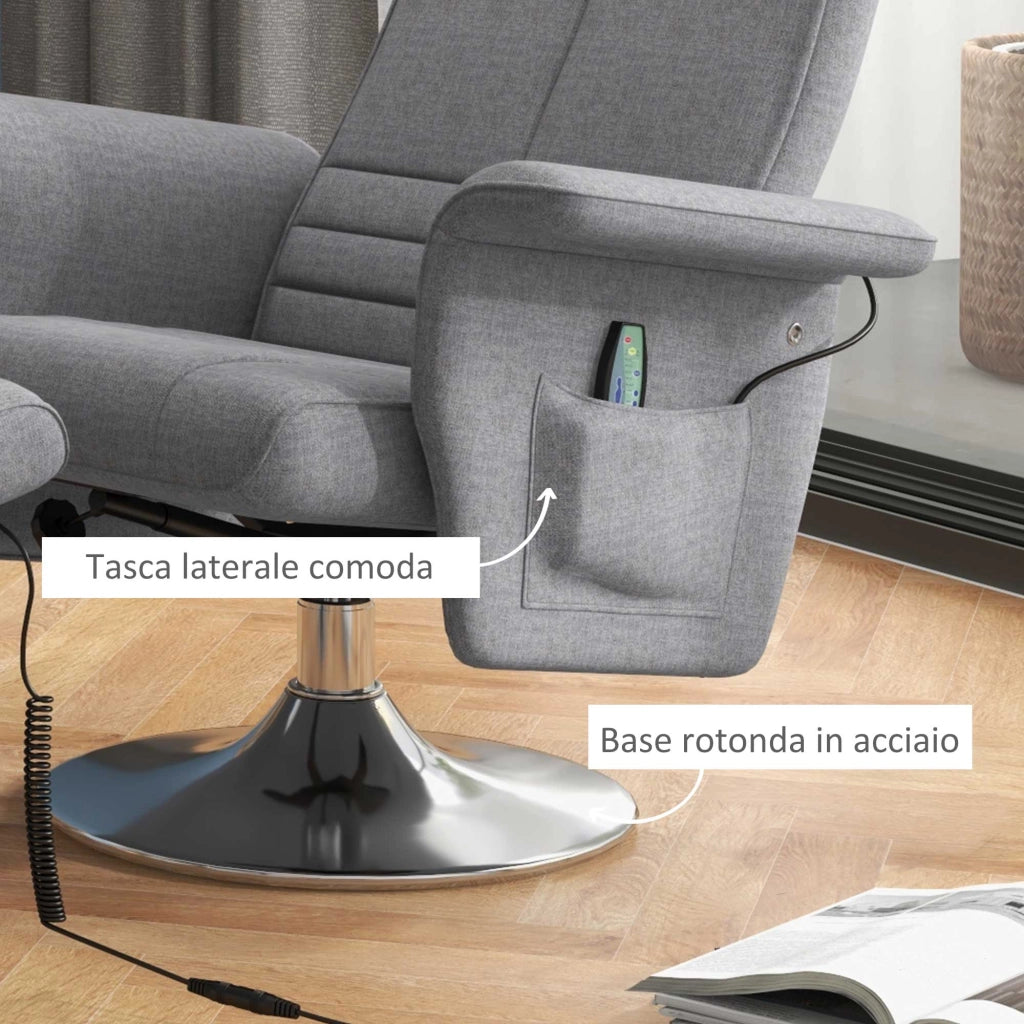 Poltrona Massaggiante e Reclinabile con Poggiapiedi 78x90x93 cm in Tessuto Effetto Lino Grigio Scuro
