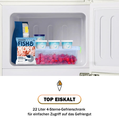 Frigorifero retro; congelatore; doppia porta; volume totale 60L; vano congelatore da 22L; luce LED; efficiente energeticamente; bianco crema