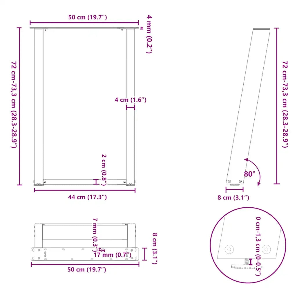 Gambe per tavolo da pranzo a forma di U 2 pz bianche 50x(72-73) cm in acciaio