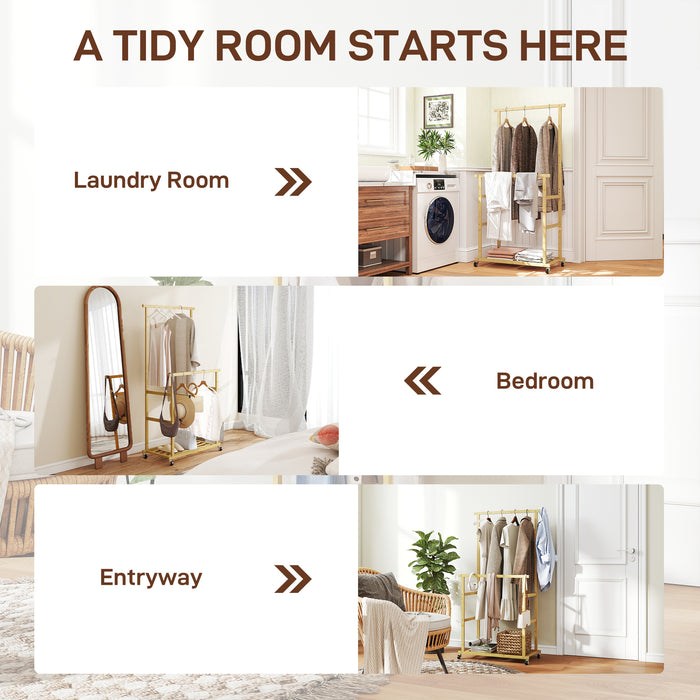 Stender Appendiabiti con 2 Barre 80x40x160 cm Ripiano Inferiore e 4 Ruote in Bambù Colore Legno Naturale