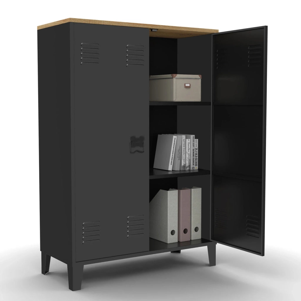 IDMarket - ESTER Armario de 2 puertas de metal negro con tapa de madera de diseño industrial