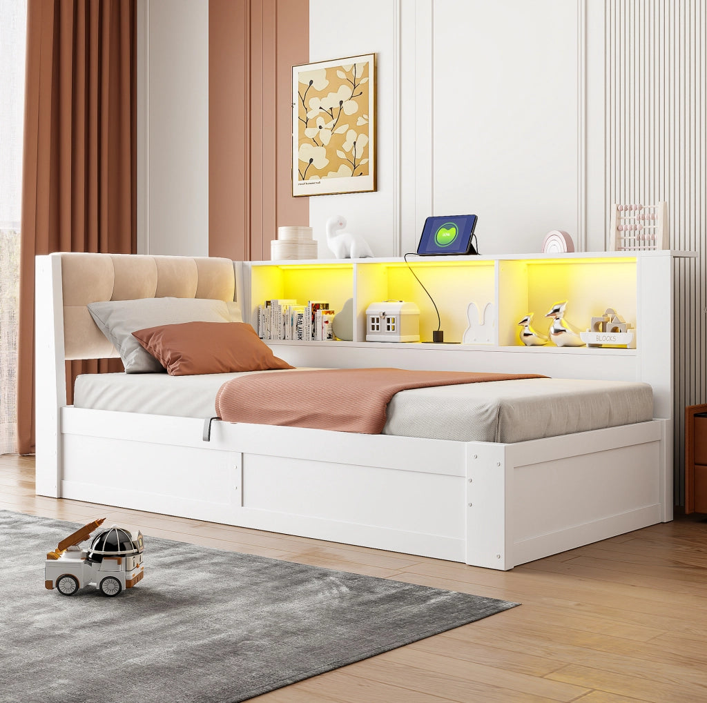 Letto contenitore 209x113.8x80.6 cm con alzata idraulica; LED e USB in legno di pino e MDF bianco