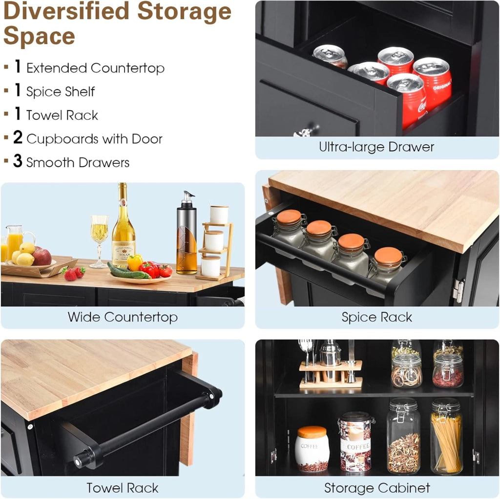 Carrello da Cucina, Credenza Mobile Salvaspazio, Ruote con 2 Freni, Piano Pieghevole, 2 Ripiani Regolabili, 3 Cassetti, 2 Ante, Portaspezie e Portasciugamano, 111x76x91 cm, Nero