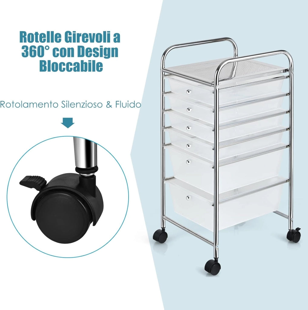 Carrello con 6 Cassetti e Ruote, Cassettiera in Plastica, con Due Dimensioni di Cassetti, Contenitore Multiuso per Casa Bagno e Ufficio, 37 x 74 x 32cm (Trasparente)