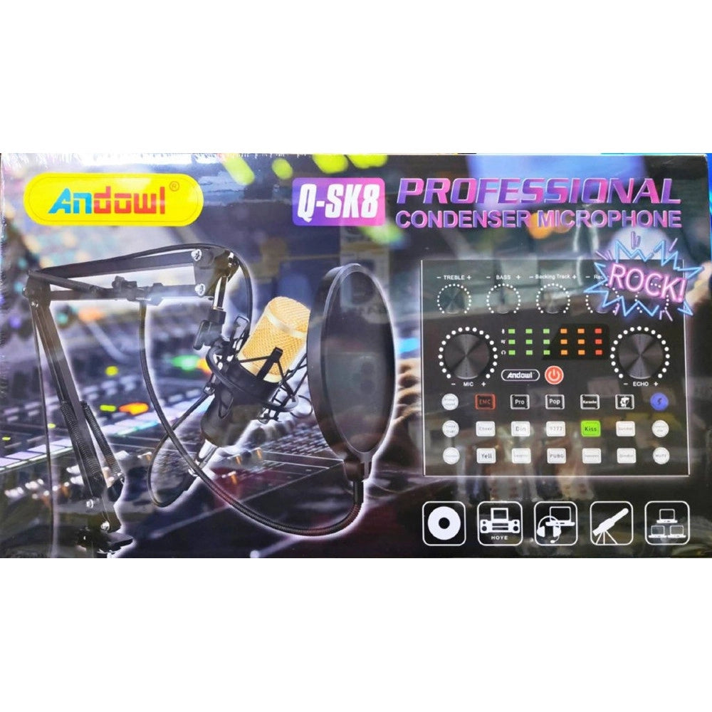 Trade Shop - Set Professionale Con Microfono A Condensatore Scheda Audio Q-sk8 Per Podcast Registrazione -