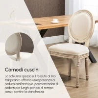 Set 2 Sedie Imbottite da Pranzo, Sedie per Soggiorno Stile Vintage Rétro in Legno e Tessuto Effetto Lino Bianco Panna 49x56x96cm