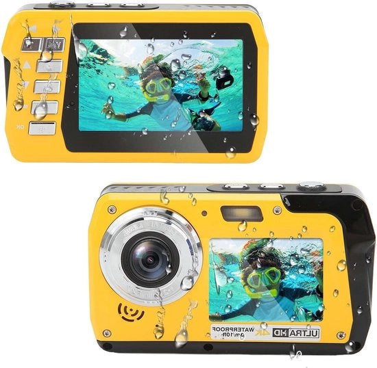 Cannoni Fotografici Sottomarini Full HD 4K 56MP Registrator di Video - Schermi Autoportrait Doppio - Zoom Digitale 18x - Lampada da Tasca per Snorkeling, Surf, Nuoto.