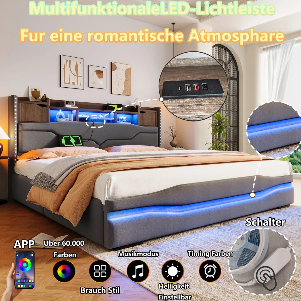 DESMIU Litto contenitore 180 × 200 cm 2 posti con vano idraulico, USB, Type-C e LED, senza materasso, grigio