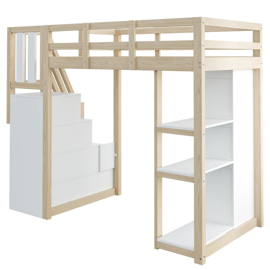 Letto a soppalco 90 × 200 cm con 4 cassetti, scaffale a 3 ripiani e scala con vano, senza materasso, in legno naturale