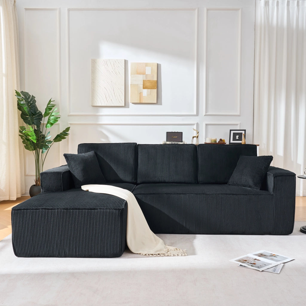 Divano ad angolo modulare con chaise longue, 2 posti, in velluto a coste, con 2 cuscini, nero
