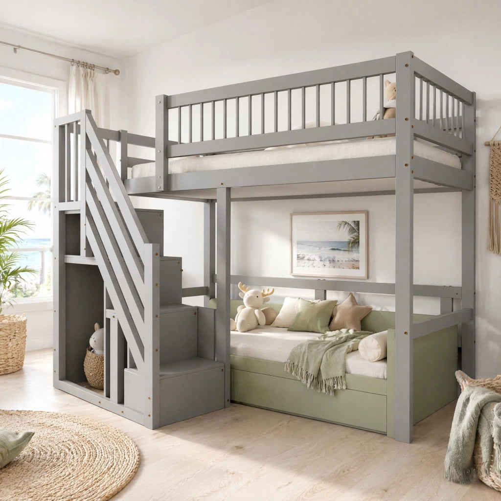 Letto singolo per bambini 90x200 cm in legno con scala contenitore; grigio