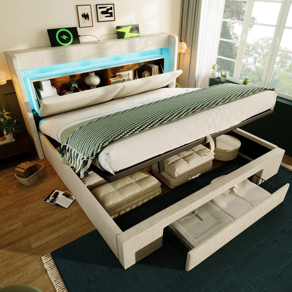 Letto imbottito beige 160 x 200 cm con LED, ricarica USB e materasso