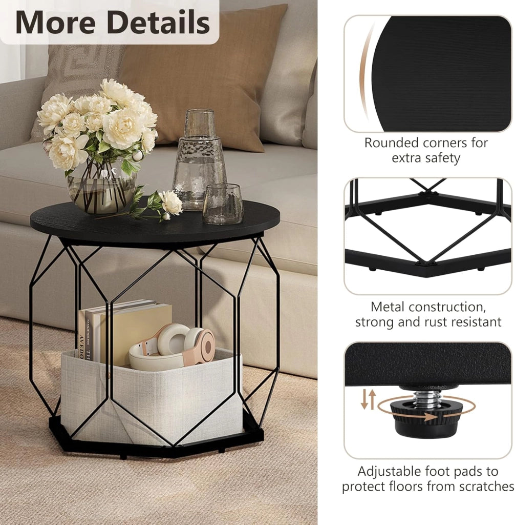 Set di 2 Tavolini da Salotto Rotondi, Tavolini Contenitori in Legno e Metallo, Tavoli Caffè con Piano Rimovibile, per Soggiorno, Camera da Letto, Legno Nero, BTS05szdc
