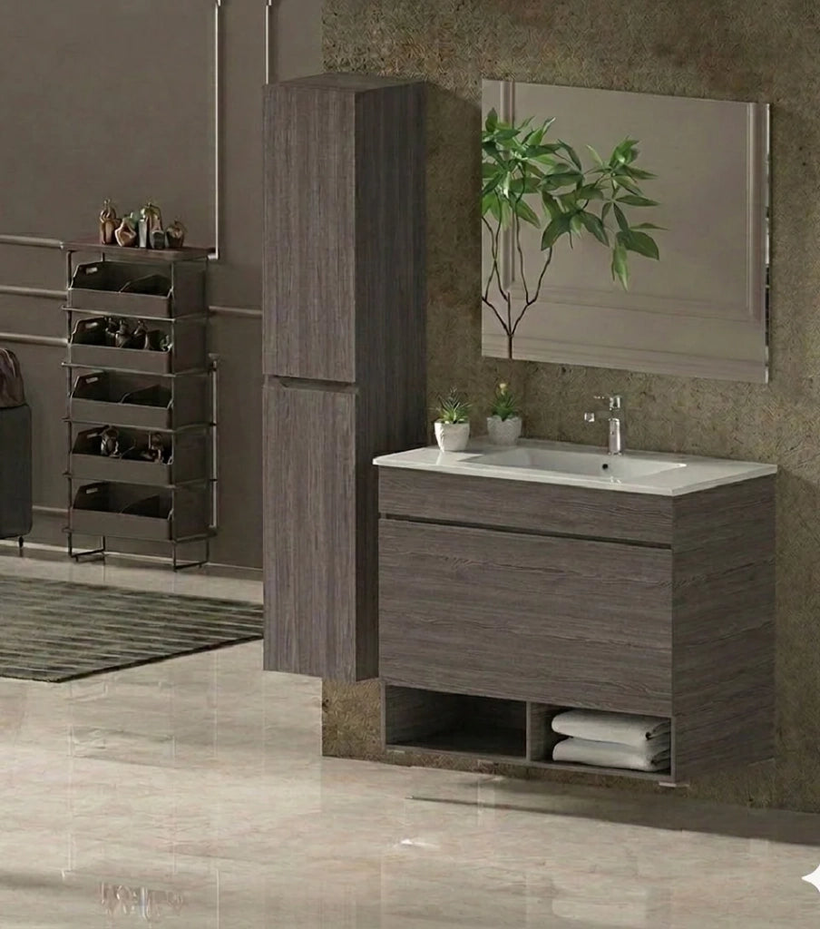 Mobile Bagno NEBARI Già Montato 1 cassetto, lavabo e specchio Rovere affumicato 80x40 cm con colonna