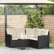 Divano da Giardino con Tavolo e Cuscini a L Nero in Polyrattan