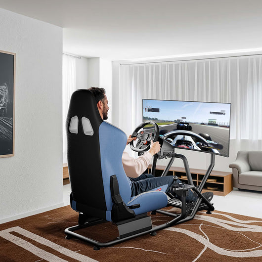 Postazione simulatore di guida 71 x 136 x 108 cm, con cockpit, reggi monitor e sedia gaming con portata max 100 kg, fissaggi per volante, leva del cambio e pedali