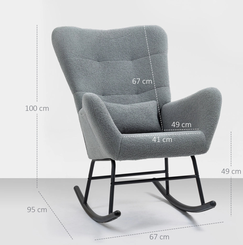 Sedia a dondolo 67x95x100 cm con tasca laterale e schienale imbottito in teddy grigio