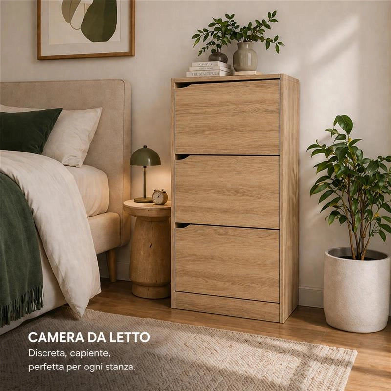 SCARPIERA LINEA HARMON A 3 ANTE E PANNELLO RERTROSTANTE IN MDF COLORE ROVERE MISURA 63X24X115 CM