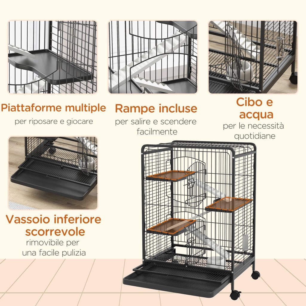 Gabbia per Piccoli Animali con Ruote ¨C zephmum ¨C 3 Rampe, 3 Piattaforme, Nero, 61.5x44x95 cm
