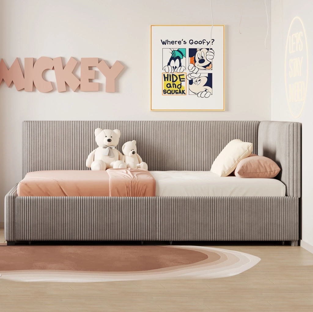 Letto singolo imbottito 90x200 cm con 2 cassetti grigio