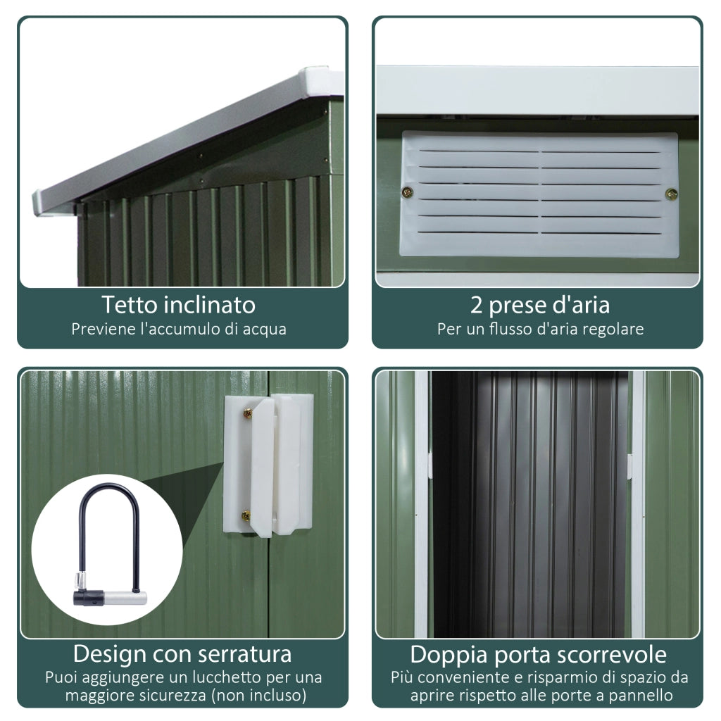 Easycomfort Casetta da Giardino in Acciaio con Doppia Porta Scorrevole e Prese d'Aria, 213x130x173 cm, Verde