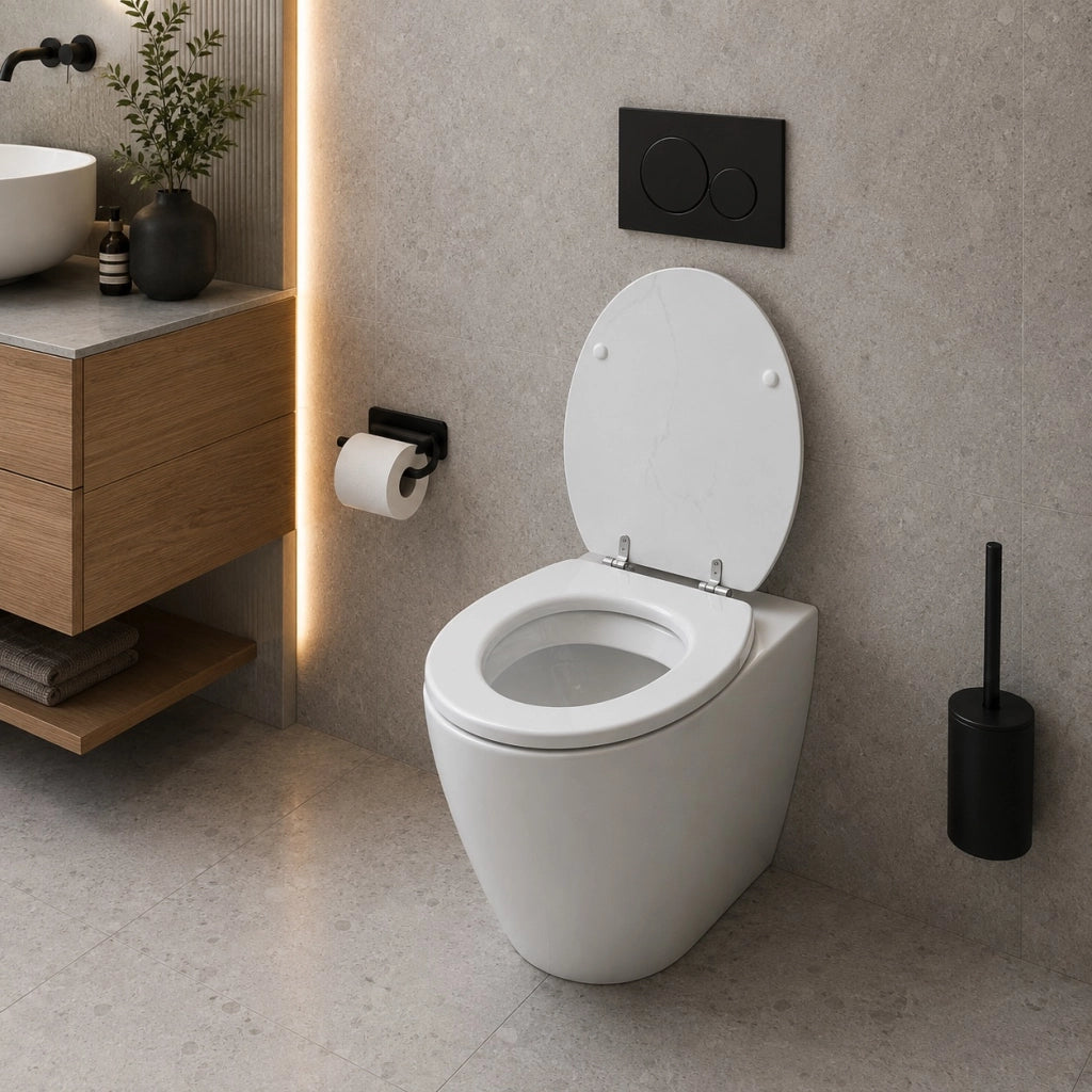 Sedile Copriwater Universale MDF Bianco Effetto Marmo Con Cerniere 94107