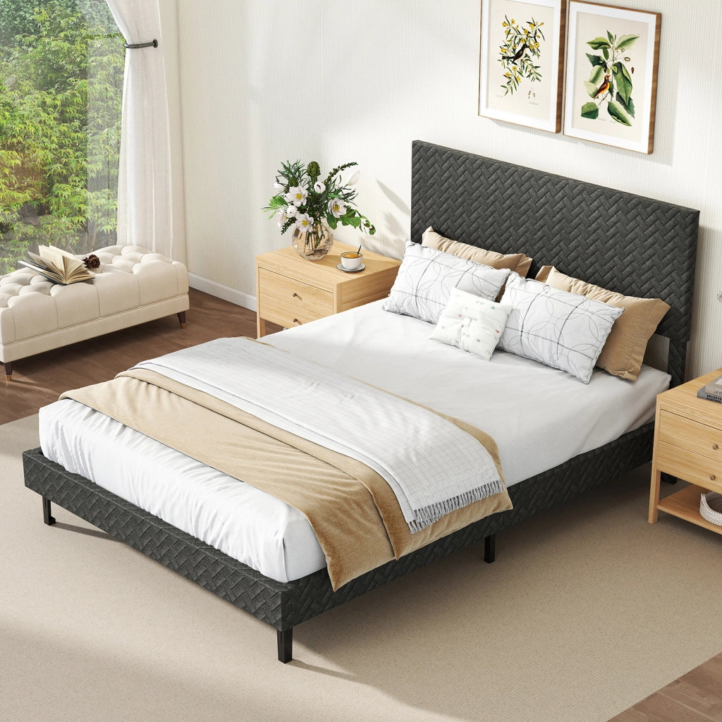 Telaio letto a piattaforma imbottito in lino con testiera chevron regolabile in altezza-Telaio letto a piattaforma silenzioso larghezza 144,5 cm