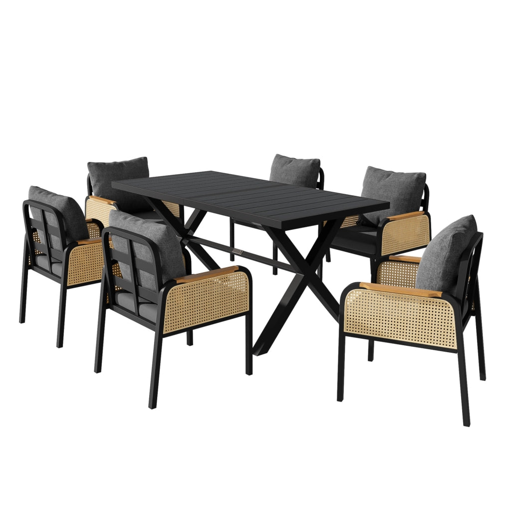 Set da pranzo da giardino per 6 persone con tavolo 148x80x75 cm e sedie in nero e naturale