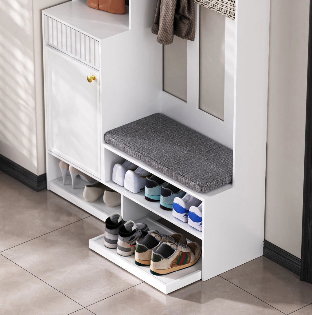 Guardaroba da ingresso multifunzione con panca e cassetti, bianco, MDF