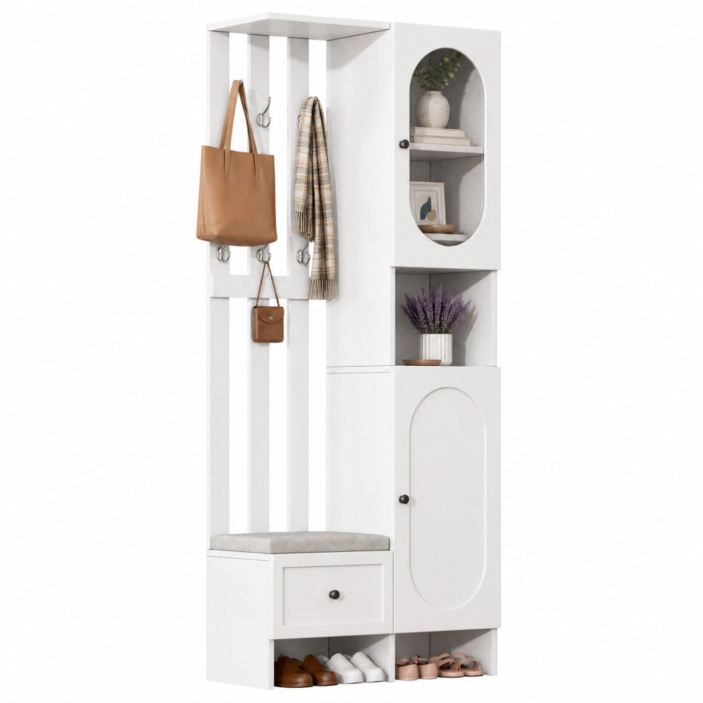 Armadio ingresso multifunzione 85 x 33;5 x 200 cm in truciolare bianco con ante in vetro temperato