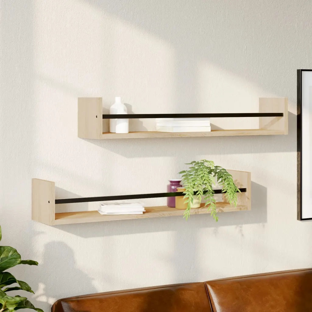 2 pz Mensole a Parete | Scaffale Parete | Ripiano a parete con Aste Rovere Sonoma 80x16x14 cm