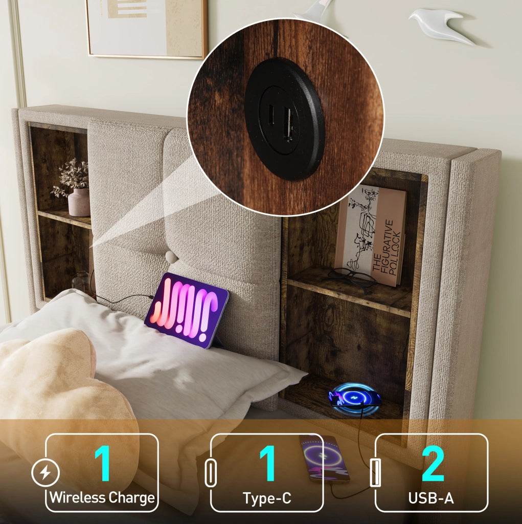 Letto singolo imbottito 90x200 cm con ricarica wireless e USB-C