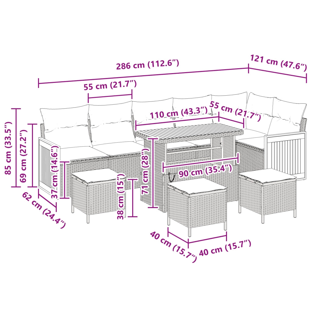 Set Divano Giardino 10 Pezzi con Cuscini Polyrattan Nero Acacia