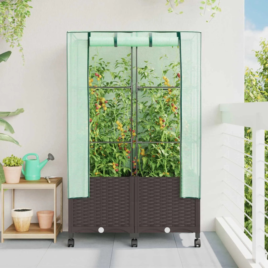Vaso da Giardino con Copertura per Serra e Ruote 2 pz Marrone 3422979