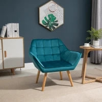 Poltroncina da Camera Design Scandinavo, Poltrona in Velluto e Legno, Color Petrolio, per Soggiorno o Ufficio, 67x61.5x71cm