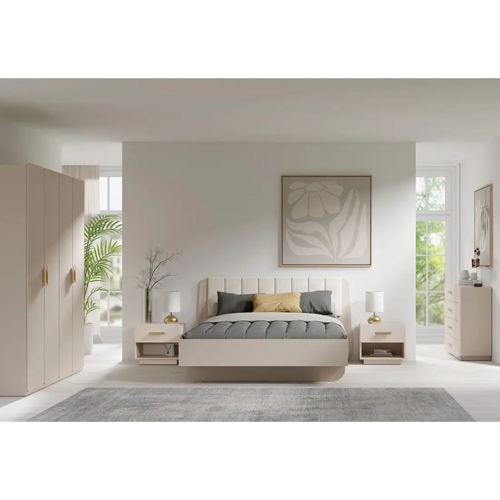 Set di 2 comodini AMALIE – 2 cassetti – Colore beige – Maniglie dorate – Design arrotondato