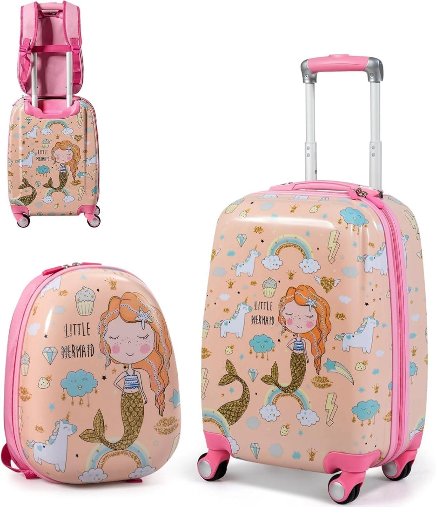 Set di Valigia 18’’ + Zaino 12’’ per Bambini 2 Pezzi, Bagagli 2-in-1 con Zainetto da Viaggio Aereo, Trolley con Maniglia Telescopica e 4 Ruote a 360° (Rosa Sirena)