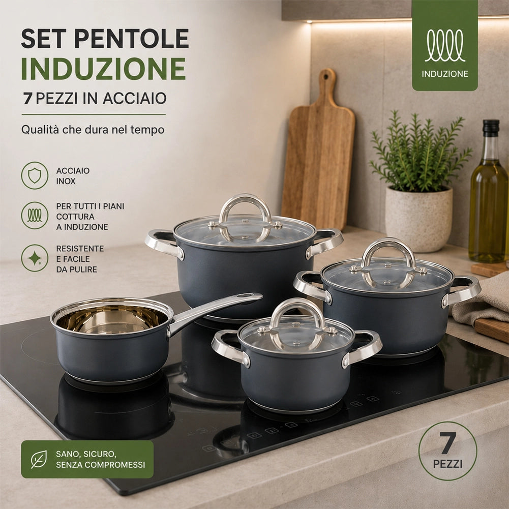 Batteria di Pentole Acciaio Grigio 7 Pezzi Pentole Adatte a Tutti Piani Cottura