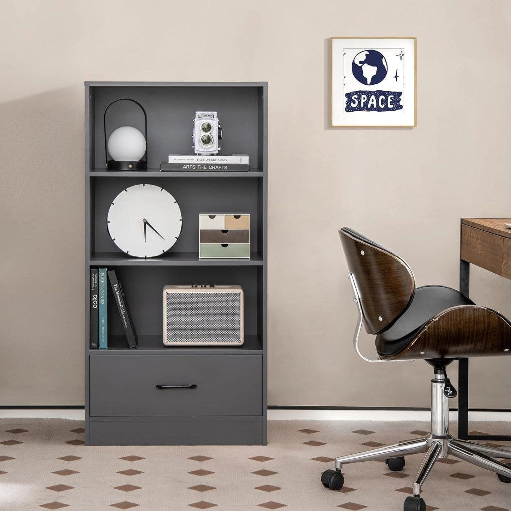 Libreria in Legno con Cassetto, Scaffale di Stoccaggio a 4 Livelli, Scaffale Espositivo per Casa Studio e Soggiorno, 60 x 38 x 120 cm (Grigio)