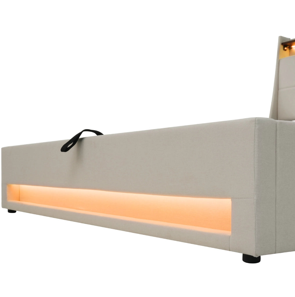 Letto matrimoniale imbottito 180x200 cm con LED e USB; stile vintage; lino beige