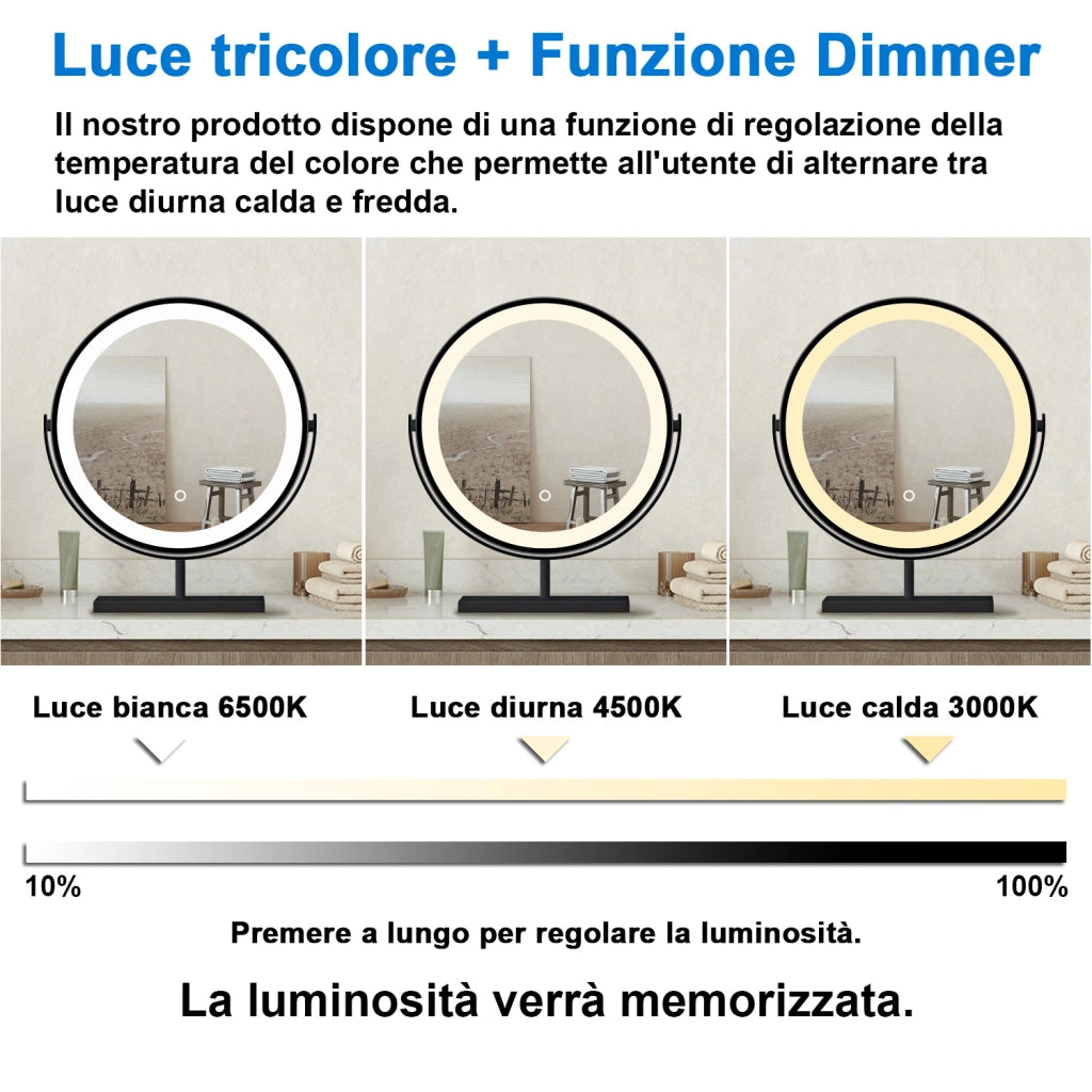 40x48cm Specchio da trucco a posizionamento statico LED + Touch Control + 3 temperature di colore regolabili